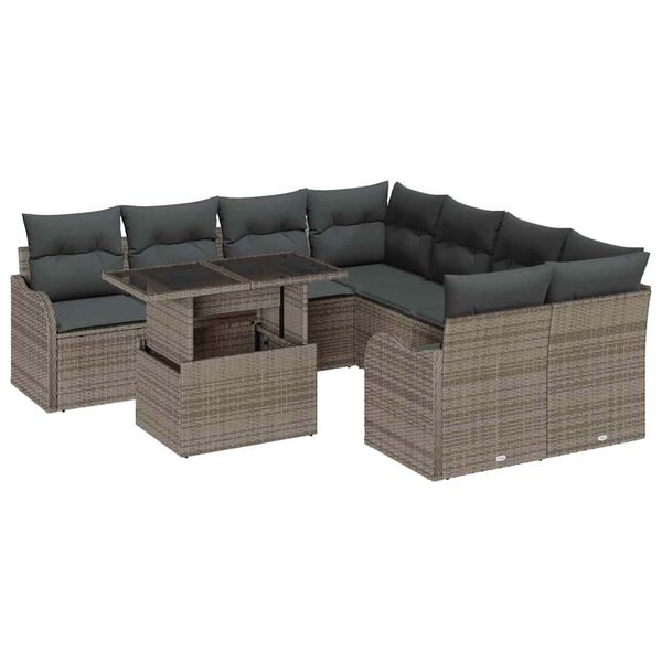 vidaXL Kerti Kanap&eacute; Szett p&aacute;rn&aacute;val p&aacute;rn&aacute;val 9 pcs Sz&uuml;rke Poly Rattan