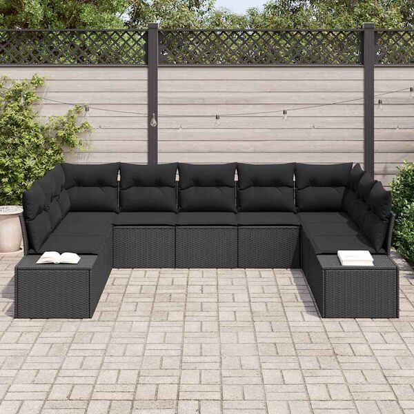 vidaXL Kerti Kanap&eacute; Szett p&aacute;rn&aacute;val 9 pcs Fekete Polyrattan