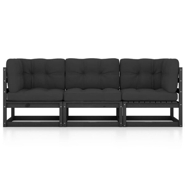 vidaXL háromszemélyes tömör fenyőfa kerti kanapé párnákkal