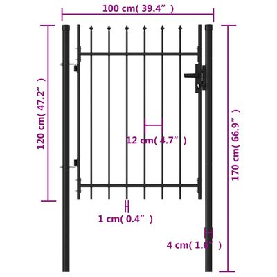 vidaXL fekete acél lándzsahegy tetejű kerítéskapu 1 x 1,2 m