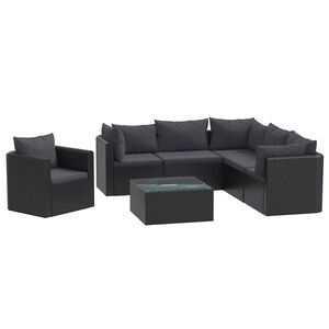 vidaXL 7-r&eacute;szes fekete polyrattan kerti t&aacute;rsalg&oacute;szett p&aacute;rn&aacute;kkal