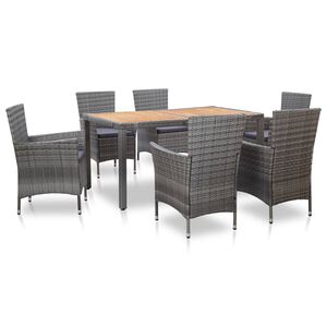 vidaXL 7-r&eacute;szes sz&uuml;rke polyrattan k&uuml;lt&eacute;ri &eacute;tkezőgarnit&uacute;ra p&aacute;rn&aacute;kkal