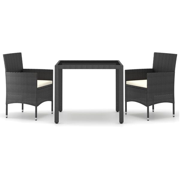 vidaXL 3 r&eacute;szes fekete polyrattan &eacute;s edzett &uuml;veg kerti &eacute;tkezőgarnit&uacute;ra