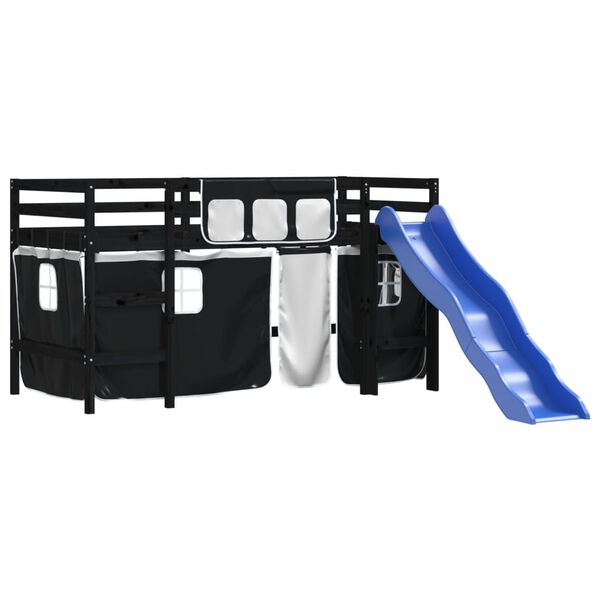 vidaXL feh&eacute;r-fekete t&ouml;m&ouml;r fenyő gyerek gal&eacute;ria&aacute;gy f&uuml;gg&ouml;nnyel 90x200 cm