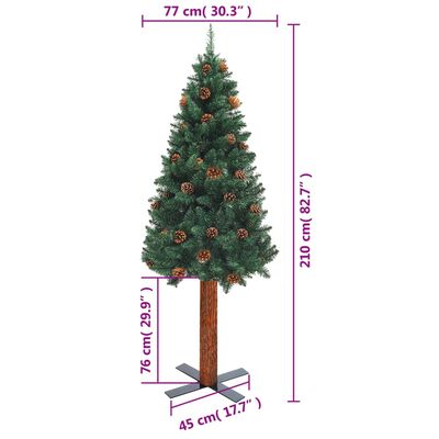 vidaXL zöld PVC vékony karácsonyfa valódi fával és tobozzal 210 cm