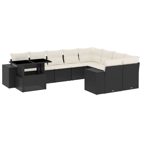 vidaXL 10 r&eacute;szes fekete polyrattan kerti &uuml;lőgarnit&uacute;ra p&aacute;rn&aacute;kkal