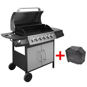 vidaXL fekete &eacute;s ez&uuml;st g&aacute;z grills&uuml;tő 6+1 fűtőfel&uuml;lettel
