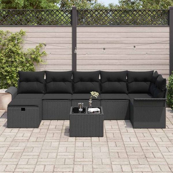 vidaXL Kerti Kanap&eacute; Szett p&aacute;rn&aacute;val t&aacute;rol&oacute;val 8 pcs Fekete polirattan