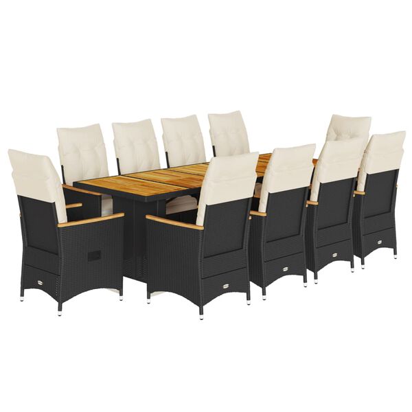 vidaXL 11 r&eacute;szes fekete polyrattan kerti bisztr&oacute;garnit&uacute;ra p&aacute;rn&aacute;kkal