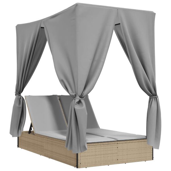 vidaXL bézs polyrattan dupla napozóágy tetővel és függönyökkel