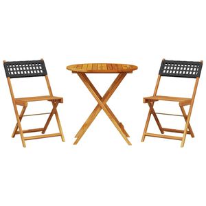 vidaXL 3 r&eacute;szes fekete polyrattan &eacute;s t&ouml;m&ouml;r fa bisztr&oacute;szett