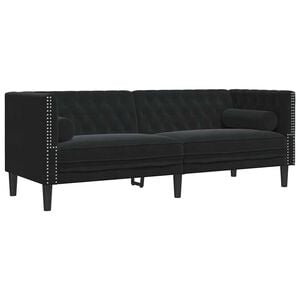 vidaXL 3 szem&eacute;lyes fekete b&aacute;rsony Chesterfield kanap&eacute; hengerp&aacute;rn&aacute;kkal