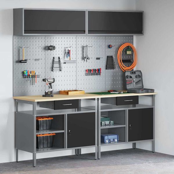 vidaXL Munkapad készlet fiókkal 8 pcs Fekete 200 x 55 x 200 cm Acél