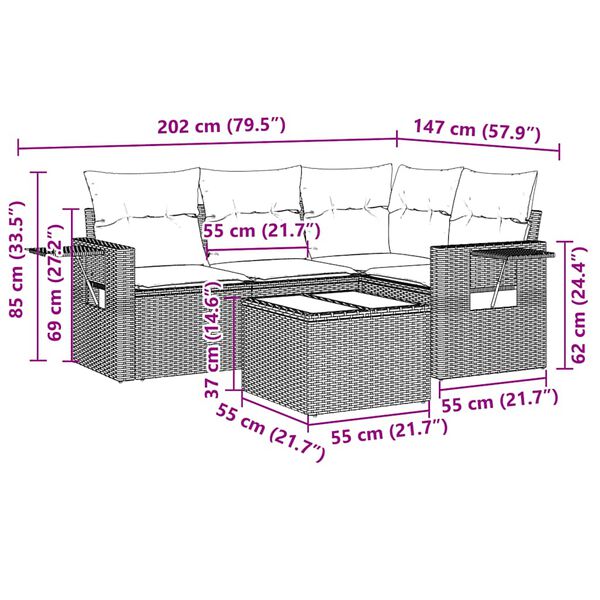 vidaXL 5 r&eacute;szes vil&aacute;gossz&uuml;rke polyrattan kerti &uuml;lőgarnit&uacute;ra p&aacute;rn&aacute;kkal