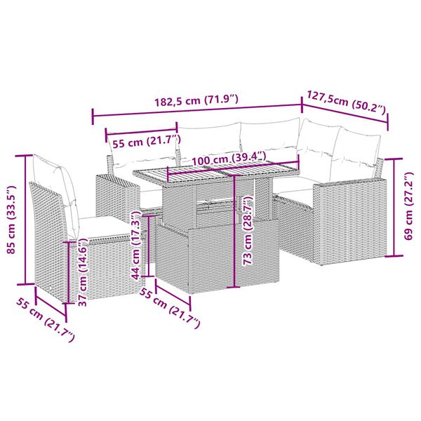 vidaXL 6 részes bézs polyrattan kerti ülőgarnitúra párnával