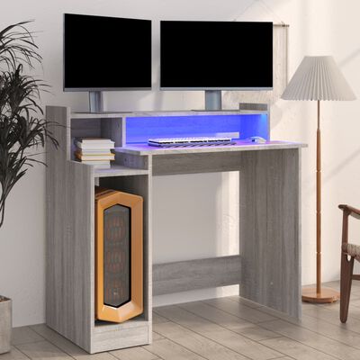 vidaXL szürke sonoma színű szerelt fa íróasztal LED-ekkel 97x45x90 cm