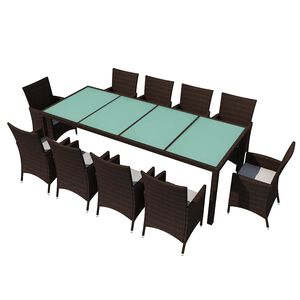 vidaXL 11-r&eacute;szes barna k&uuml;lt&eacute;ri polyrattan &eacute;tkezőszett p&aacute;rn&aacute;kkal