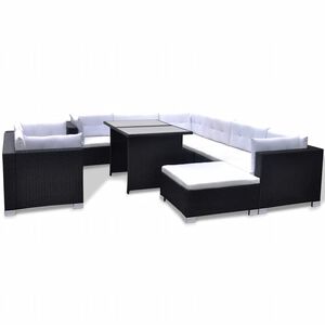 vidaXL 10-r&eacute;szes fekete polyrattan kerti b&uacute;torszett p&aacute;rn&aacute;kkal