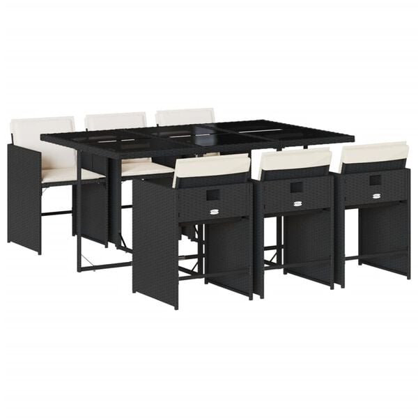 vidaXL 7 r&eacute;szes fekete polyrattan kerti &eacute;tkezőgarnit&uacute;ra p&aacute;rn&aacute;val