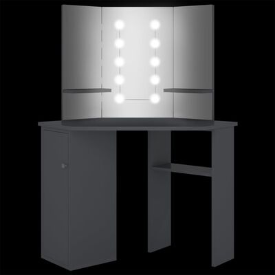 vidaXL szürke sarok fésülködőasztal LED világítással 111x54x141,5 cm