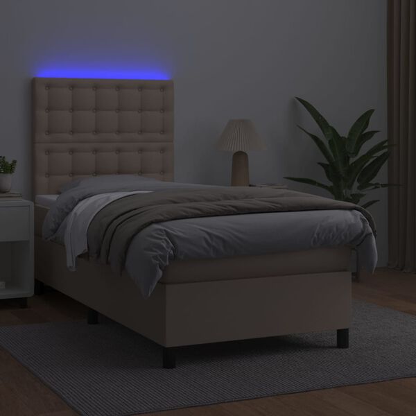 vidaXL cappuccino sz&iacute;nű műbőr rug&oacute;s &aacute;gy matraccal &eacute;s LED-del 90x190 cm