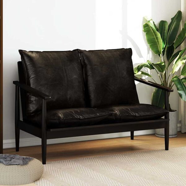 vidaXL 2 személyes valódi bőr kanapé fekete akácfával