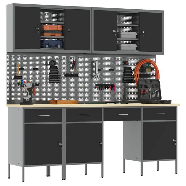 vidaXL Munkaszekr&eacute;ny fi&oacute;kkal z&aacute;rral 10 pcs Fekete Műszaki fa &eacute;s ac&eacute;l