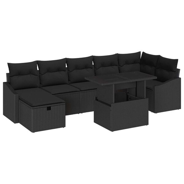 vidaXL Kerti Kanapé Szett párnával tárolóval 8 pcs Fekete Poli rattan