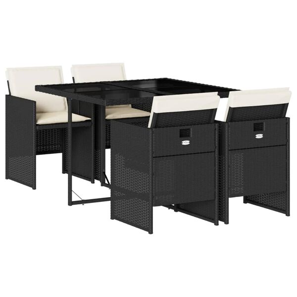 vidaXL 5 r&eacute;szes fekete polyrattan kerti &eacute;tkezőgarnit&uacute;ra p&aacute;rn&aacute;kkal