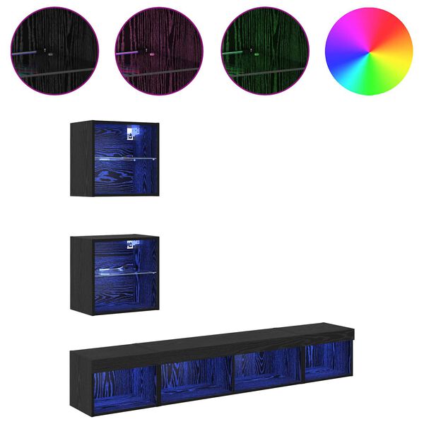 vidaXL TV Fali Egys&eacute;gek LED-del leddel 5 pcs Fekete t&ouml;lgy Faanyag