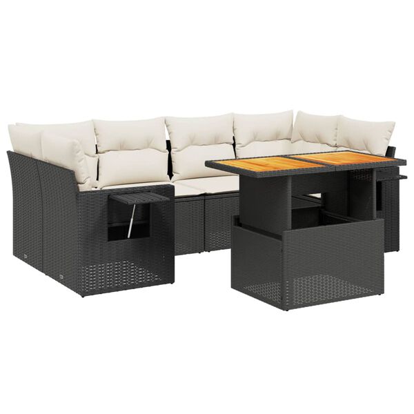 vidaXL 7 r&eacute;szes fekete polyrattan kerti &uuml;lőgarnit&uacute;ra p&aacute;rn&aacute;val