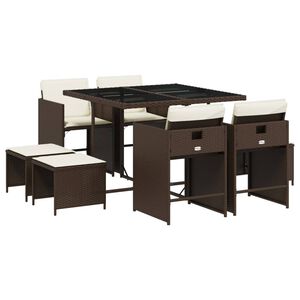 vidaXL 9 r&eacute;szes barna polyrattan kerti &eacute;tkezőgarnit&uacute;ra p&aacute;rn&aacute;kkal