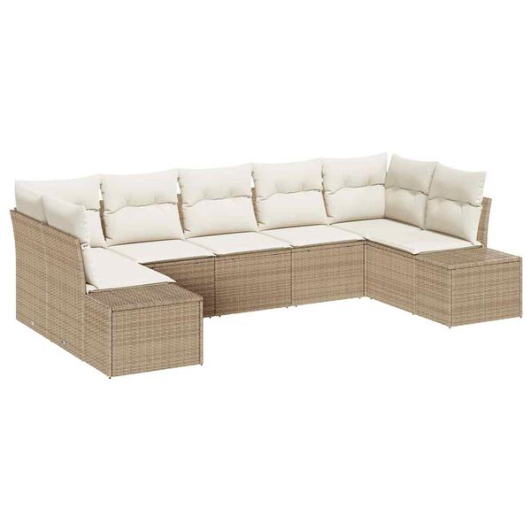 vidaXL Kerti Kanap&eacute; Szett t&aacute;rol&oacute;val 7 pcs Beige &eacute;s kr&eacute;m Poli rattan