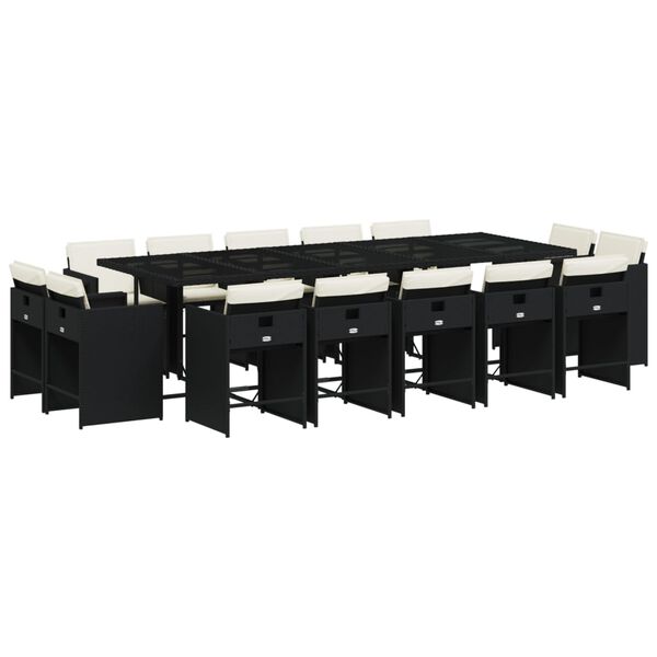 vidaXL 15 r&eacute;szes fekete polyrattan kerti &eacute;tkezőgarnit&uacute;ra p&aacute;rn&aacute;kkal