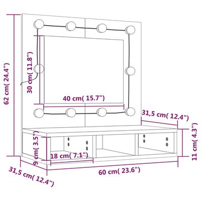 vidaXL szürke sonoma színű tükrös szekrény LED-ekkel 60 x 31,5 x 62 cm