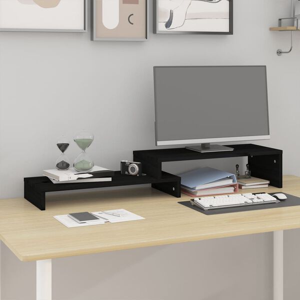 vidaXL fekete t&ouml;m&ouml;r fenyőfa monitor&aacute;llv&aacute;ny (52-101) x 22 x 14 cm