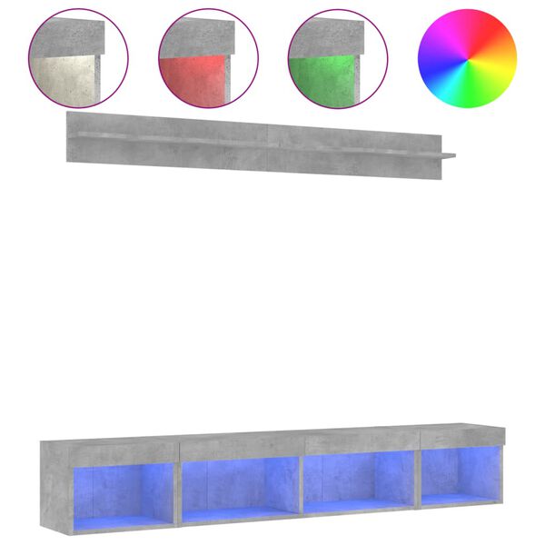 vidaXL 5 darab betonsz&uuml;rke szerelt fa fali TV-b&uacute;tor LED-del