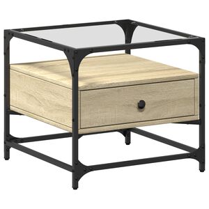 vidaXL sonoma t&ouml;lgy sz&iacute;nű ac&eacute;l doh&aacute;nyz&oacute;asztal &uuml;veglappal 50x50x45 cm