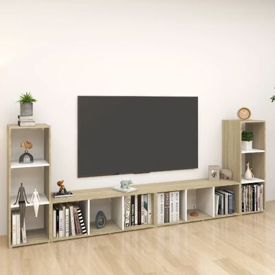 vidaXL 4 db fehér-sonoma színű forgácslap TV-szekrény 107 x 35 x 37 cm