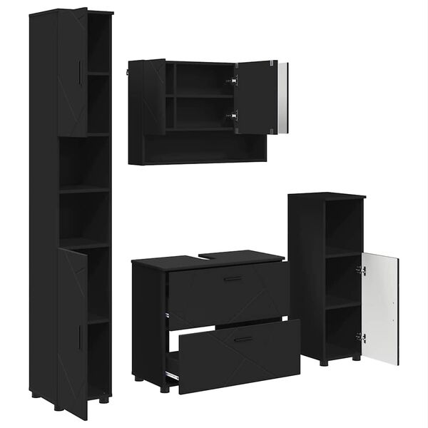 vidaXL F&uuml;rdőszoba b&uacute;tor szett fi&oacute;kkal 4 pcs Fekete M&eacute;rn&ouml;ki fa &eacute;s f&eacute;m