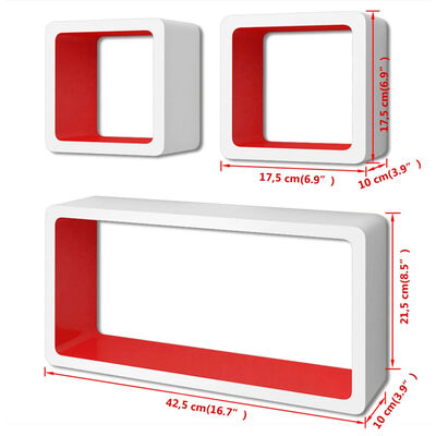 3 db függő szögletes MDF polc / köny, DVD tartó fehér-piros
