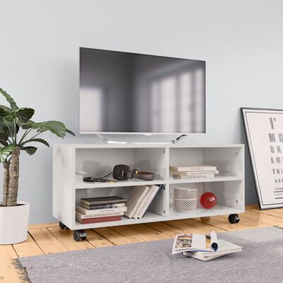 vidaXL magasfényű fehér forgácslap TV-szekrény görgőkkel 90x35x35 cm