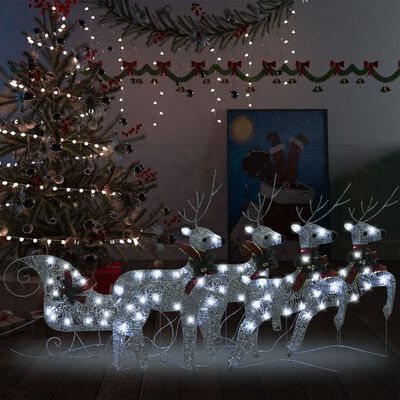 vidaXL ezüstszínű rénszarvas és szán karácsonyi dekoráció 100 LED-del