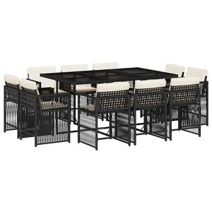 vidaXL 11 r&eacute;szes fekete polyrattan kerti &eacute;tkezőgarnit&uacute;ra p&aacute;rn&aacute;kkal