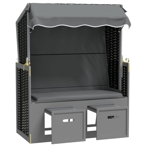 vidaXL antracitsz&uuml;rke/fekete polyrattan &eacute;s t&ouml;m&ouml;r fa strandsz&eacute;k tetővel