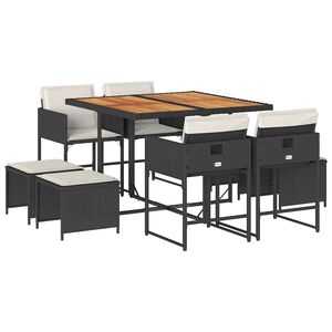 vidaXL 9 r&eacute;szes fekete polyrattan kerti &eacute;tkezőgarnit&uacute;ra p&aacute;rn&aacute;kkal