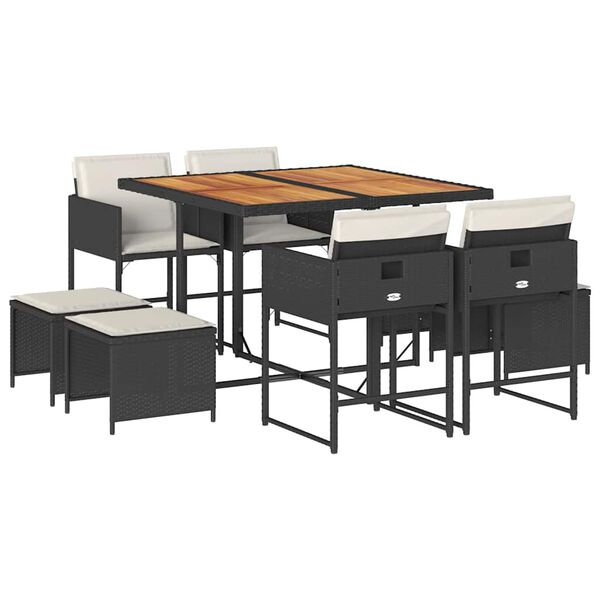 vidaXL 9 r&eacute;szes fekete polyrattan kerti &eacute;tkezőgarnit&uacute;ra p&aacute;rn&aacute;kkal