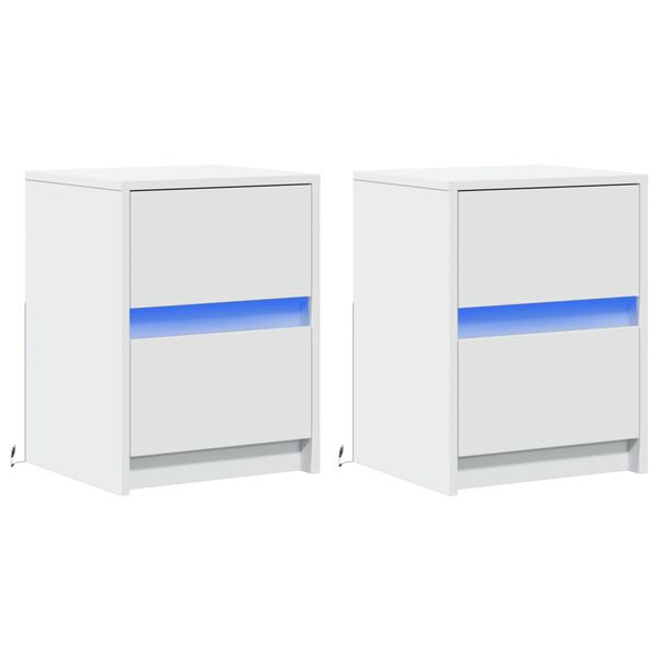 vidaXL 2 db feh&eacute;r szerelt fa &eacute;jjeliszekr&eacute;ny LED-f&eacute;nyekkel