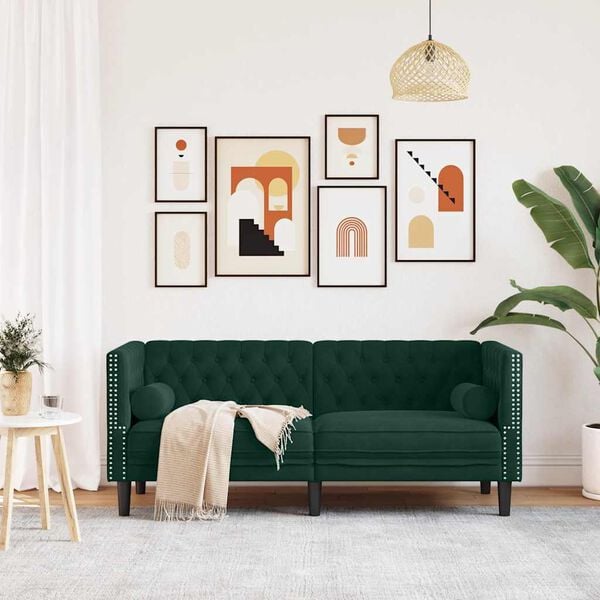 vidaXL 2 személyes sötétzöld bársony hengerpárnás Chesterfield kanapé