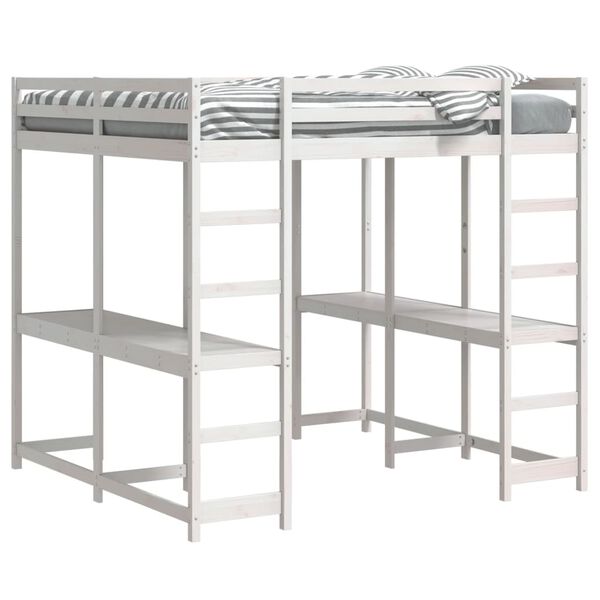 vidaXL fehér tömör fenyőfa galériaágy asztallal és létrával 180x200 cm